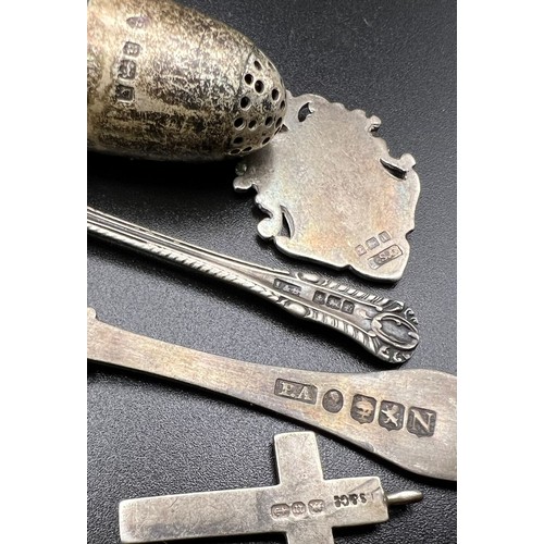 1335 - An Antique 925 Silver Mix. Two spoons, a cross pendant, a condiment shaker and a fob. 52g total