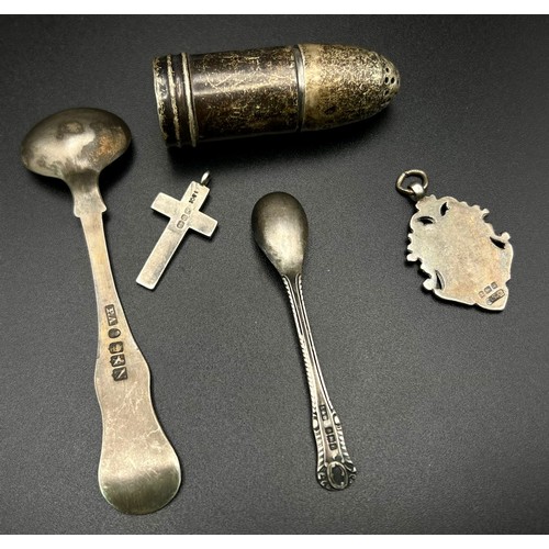 1335 - An Antique 925 Silver Mix. Two spoons, a cross pendant, a condiment shaker and a fob. 52g total