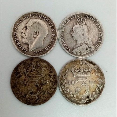 1479 - Eighteen Pre 1920 UK Silver Three Pence Coins. Various grades.