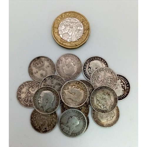 1479 - Eighteen Pre 1920 UK Silver Three Pence Coins. Various grades.