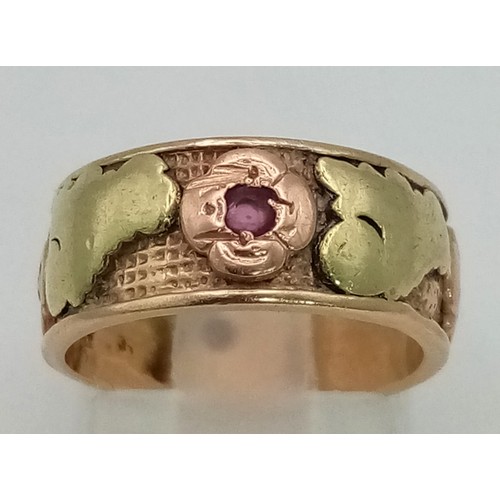 756 - An Antique 18K (tested)Yellow and Rose Gold Ring. Four ruby gemstone decoration. Size J. 5.83g total... 