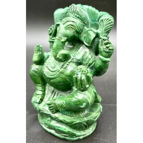 1171 - A Green Aventurine Ganesha Figure. Slightly damaged at base so a/f. 14cm tall. 852g