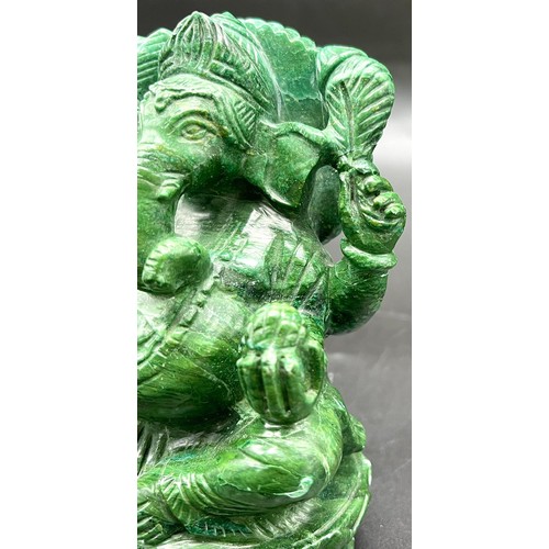 1171 - A Green Aventurine Ganesha Figure. Slightly damaged at base so a/f. 14cm tall. 852g