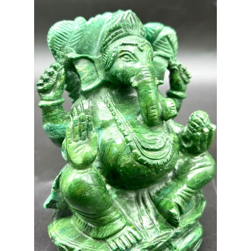 1171 - A Green Aventurine Ganesha Figure. Slightly damaged at base so a/f. 14cm tall. 852g