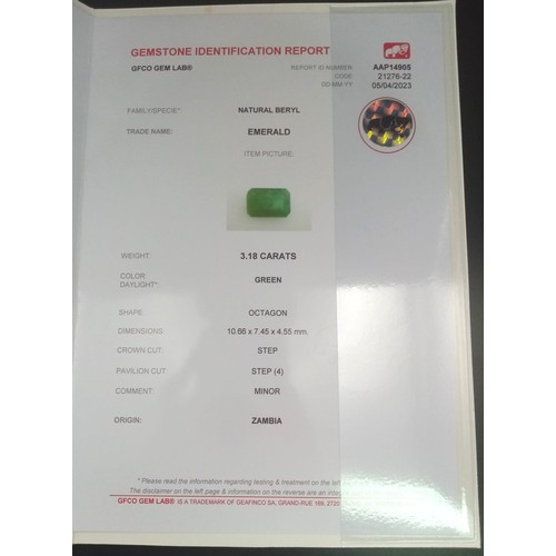 372 - A 3.8ct Octagonal Step Cut, Zambian, Emerald Gemstone. Complete with GFCO Certificate.