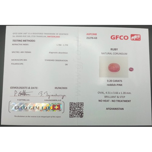 875 - A 0.20ct Oval Shape, Afghanistan rare, Untreated Ruby Gemstone. Comes complete with GFCO Certificate... 