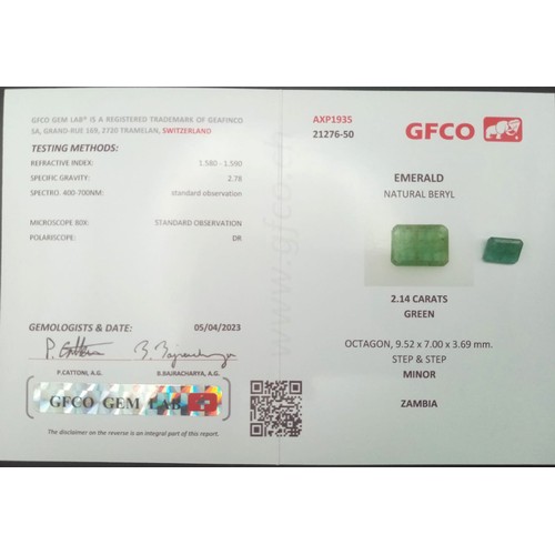 379 - A 2.14ct Octagonal, Zambian Step Cut, Emerald Gemstone. Comes with GFCO certification.