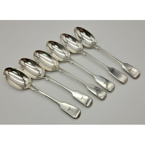 1069 - 6 1880's SOLID SILVER VICTORIAN TABLE SPOONS MADE BY GEORGE ADAMS IN LONDON .  446gms