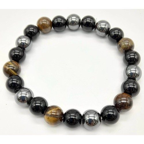 1167 - A Multi-Colour Jade and a Tigers Eye, Obsidian and Hematite Expandable Bracelet. Jade - 10mm. Others... 