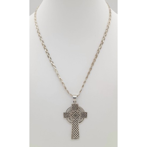 1253 - A Silver Celtic Cross Pendant on a Silver Chain/Necklace. 4.5cm and 38cm.