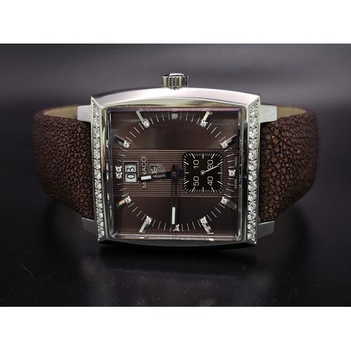 455 - A Tag Heuer Monaco Automatic Gents Watch. Brown leather  strap. Stainless steel case - 37mm. Metalli... 