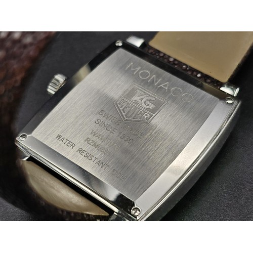 455 - A Tag Heuer Monaco Automatic Gents Watch. Brown leather  strap. Stainless steel case - 37mm. Metalli... 