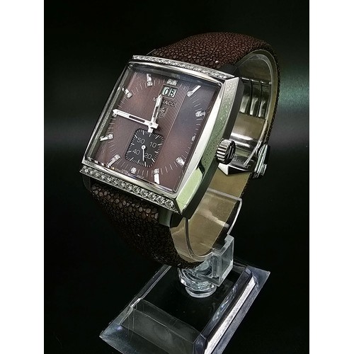 455 - A Tag Heuer Monaco Automatic Gents Watch. Brown leather  strap. Stainless steel case - 37mm. Metalli... 