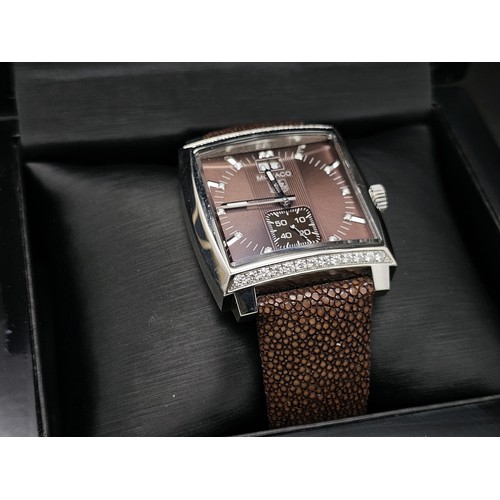 455 - A Tag Heuer Monaco Automatic Gents Watch. Brown leather  strap. Stainless steel case - 37mm. Metalli... 