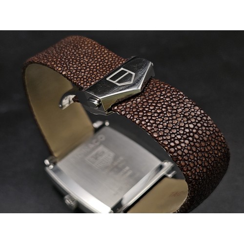 455 - A Tag Heuer Monaco Automatic Gents Watch. Brown leather  strap. Stainless steel case - 37mm. Metalli... 