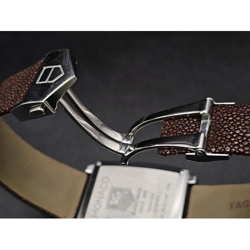 455 - A Tag Heuer Monaco Automatic Gents Watch. Brown leather  strap. Stainless steel case - 37mm. Metalli... 