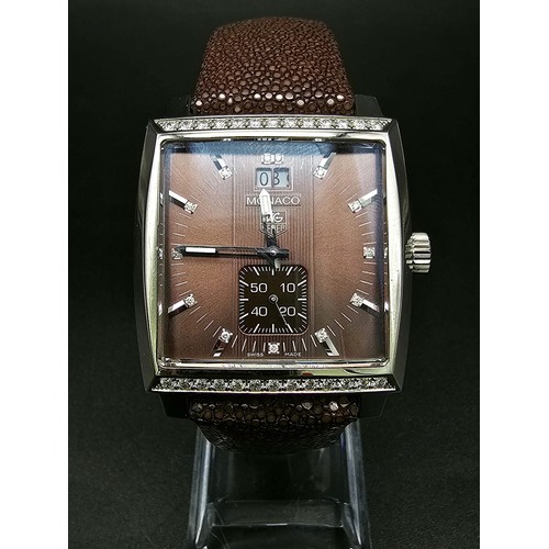 455 - A Tag Heuer Monaco Automatic Gents Watch. Brown leather  strap. Stainless steel case - 37mm. Metalli... 