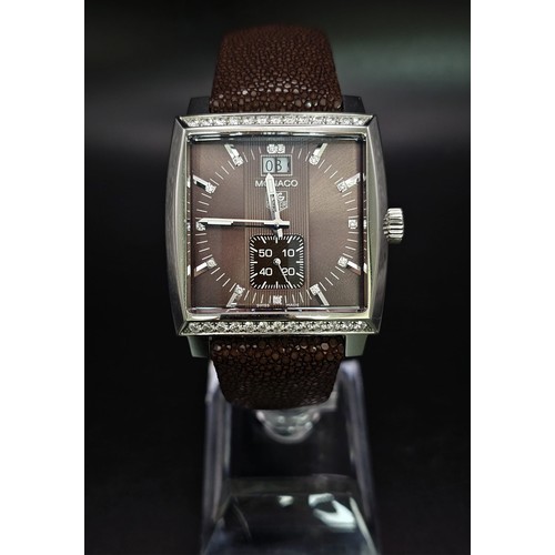 455 - A Tag Heuer Monaco Automatic Gents Watch. Brown leather  strap. Stainless steel case - 37mm. Metalli... 