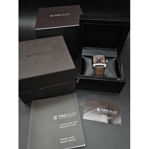 455 - A Tag Heuer Monaco Automatic Gents Watch. Brown leather  strap. Stainless steel case - 37mm. Metalli... 