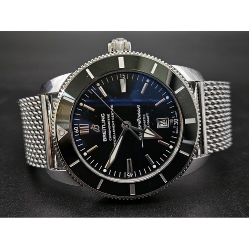 177 - A Breitling Super Ocean Automatic Gents Watch. Stainless steel mesh strap. Case - 46mm. Black dial w... 