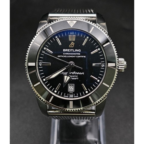 177 - A Breitling Super Ocean Automatic Gents Watch. Stainless steel mesh strap. Case - 46mm. Black dial w... 