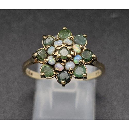 305 - 9K YELLOW GOLD OPAL & GREEN STONE CLUSTER RING. TOTAL WEIGHT 2.6G.  SIZE Q