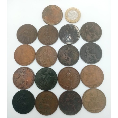 1517 - A collection of seventeen 20th century and one 19th century one penny coins. DATES: Range from 1896 ... 