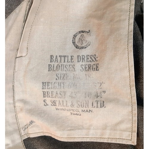 1151 - WW2 Battledress blouse and trousers. Canadian pattern and dated 1943. The blouse collar modified for... 