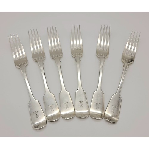 1076 - A SET OF 6 1880'S SOLID SILVER VICTORIAN DINNER FORKS MADE BY GEORGE ADAMS IN LONDON.   456.2gms