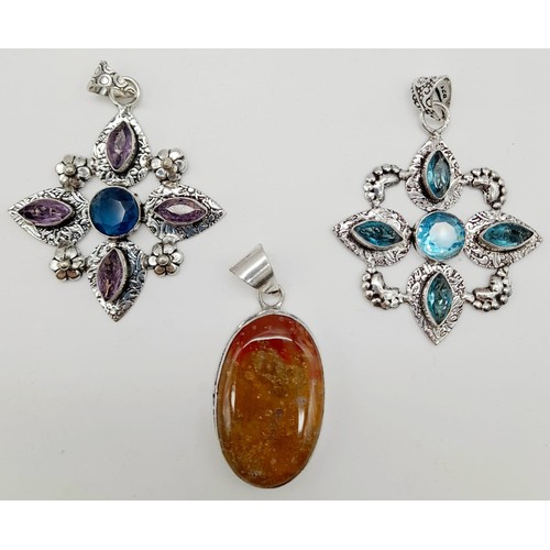 1790 - Three Multi-Coloured Gemstone Pendants set in White Metal.
Largest pendant - 6cm