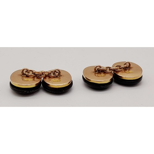 751 - Rare early Victorian English memorial onyx and gold oval cuff links - marked 10K gold. 9.71g total w... 