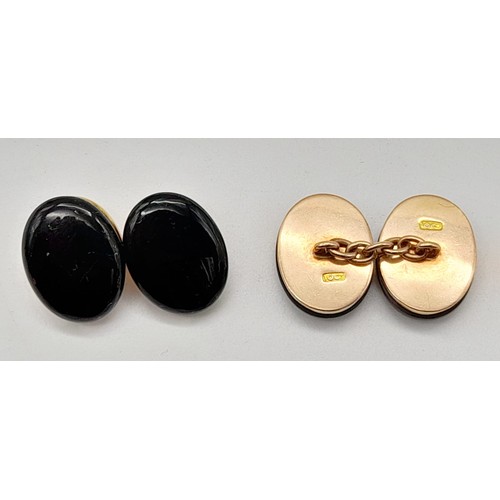 751 - Rare early Victorian English memorial onyx and gold oval cuff links - marked 10K gold. 9.71g total w... 