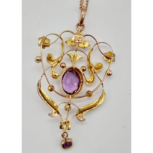 744 - Victorian amethyst and pearl fancy chandelier drop pendant with ordinal 9K gold chain to barrel clas... 