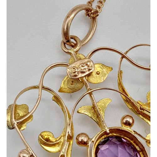 744 - Victorian amethyst and pearl fancy chandelier drop pendant with ordinal 9K gold chain to barrel clas... 