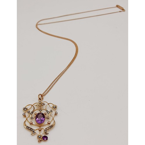 744 - Victorian amethyst and pearl fancy chandelier drop pendant with ordinal 9K gold chain to barrel clas... 