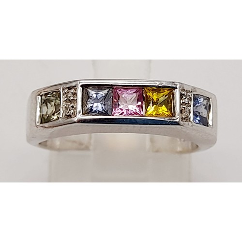 355 - Art Deco style diamond and sapphire ring - princess cut blue, pink, yellow, and green sapphires set ... 