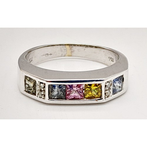 355 - Art Deco style diamond and sapphire ring - princess cut blue, pink, yellow, and green sapphires set ... 