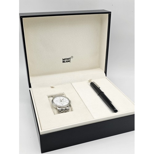 4 - A Montblanc Tradition Watch and Pen Set. Chronograph quartz gents watch with stainless steel strap a... 