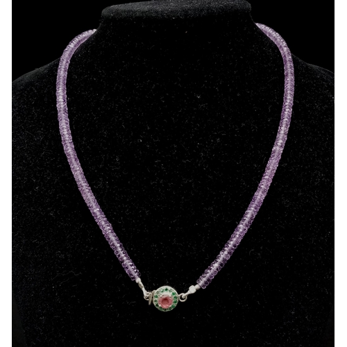 167 - 925 Silver AAA Quality Amethyst Necklace with Ruby Clasp with Matching Dangler Earrings. 44cm Neckla... 