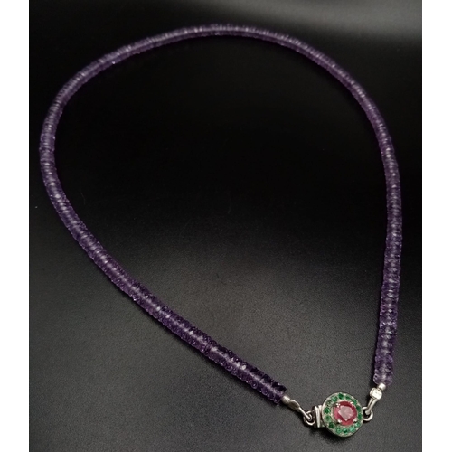 167 - 925 Silver AAA Quality Amethyst Necklace with Ruby Clasp with Matching Dangler Earrings. 44cm Neckla... 