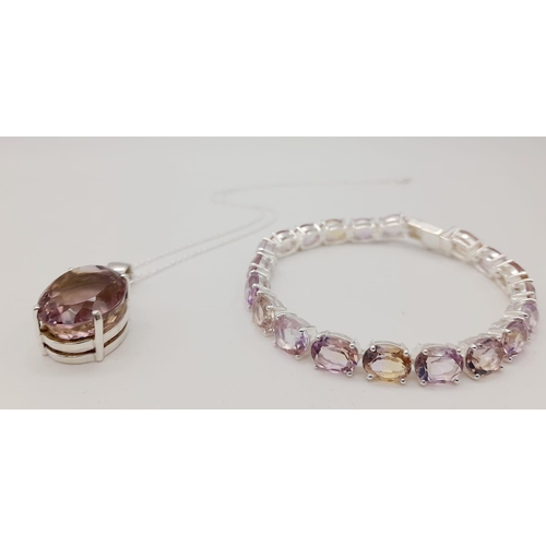 160 - A 925 Silver Set of necklace, Ametrine Pendant, and Ametrine Bracelet. Total Weight 33.90grams. Appr... 