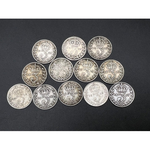 504 - 12 Pre 1920 Silver Threepence Coins. Different grades - please see photos.