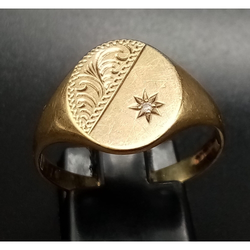 73 - A 9k Yellow Gold Diamond Signet Ring. Solitary star diamond. Size U. 2.9g total weight