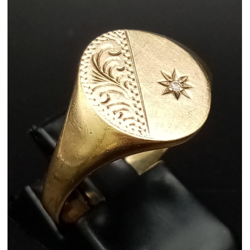 73 - A 9k Yellow Gold Diamond Signet Ring. Solitary star diamond. Size U. 2.9g total weight