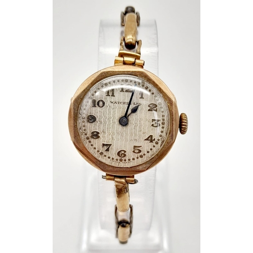 32 - An Antique 9K Rose Gold Watchers Ltd Ladies Watch. 9K gold expandable bracelet. 9K hallmarked case -... 