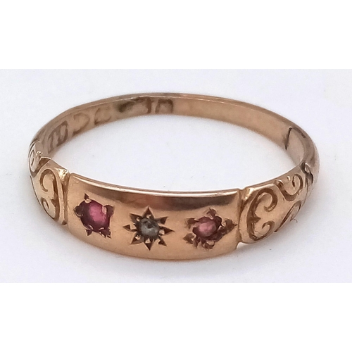 47 - An Antique Victorian 18K Gold Ruby and Diamond Ring. Size P 1/2. 2.1g total weight.