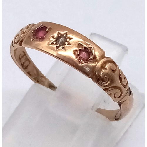 47 - An Antique Victorian 18K Gold Ruby and Diamond Ring. Size P 1/2. 2.1g total weight.