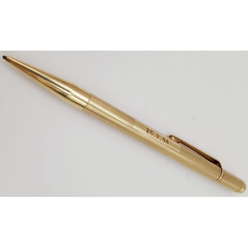 78 - A Vintage 9K Yellow Gold Perfect Point Mechanical Pencil. Machine tooled decoration. 12cm. 23g total... 