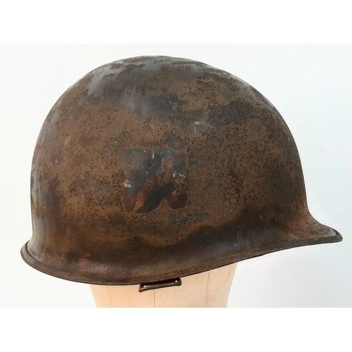 61 - WW2 US Army 3 rd Infantry Division Helmet. A swivel bale example retaining a flash of the blue and w... 