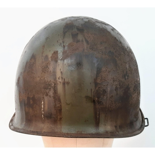 61 - WW2 US Army 3 rd Infantry Division Helmet. A swivel bale example retaining a flash of the blue and w... 